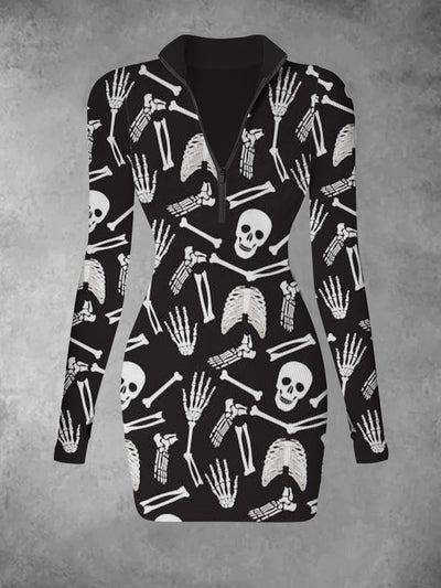 Women's retro skull print casual fashion V-neck slim fit long sleeved dress