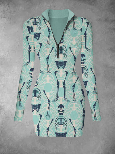 Women's retro skull print casual fashion V-neck slim fit long sleeved dress