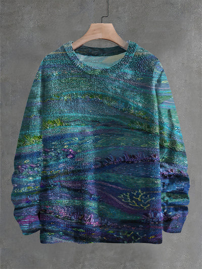 Vintage Abstract Water Pattern Print Casual Knit Pullover Sweater