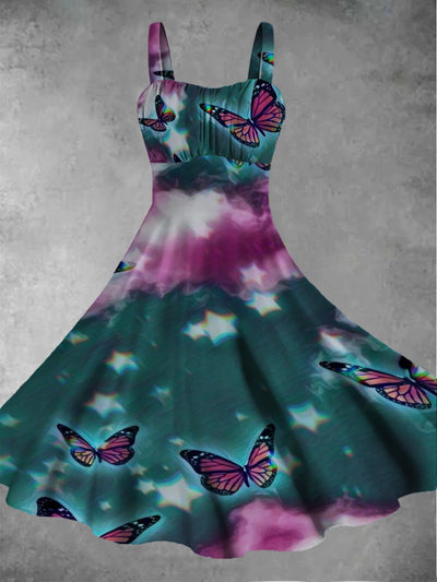 Women's retro butterfly print casual and fashionable sleeveless dress