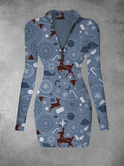 Women's Christmas retro reindeer pattern design printed casual fashion V-neck slim fit long sleeved dress