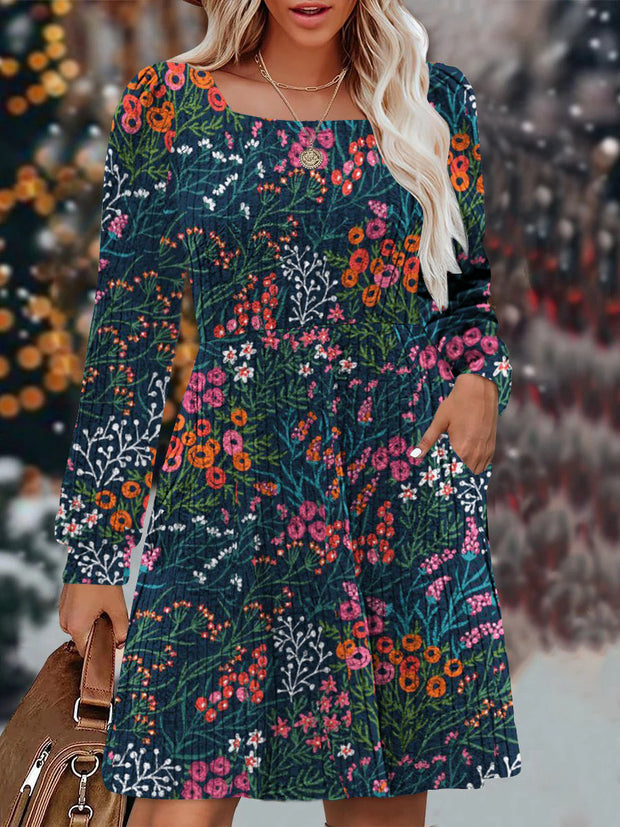 Vintage Flowers&Flowers Print Knit Sweater Dress With Pockets