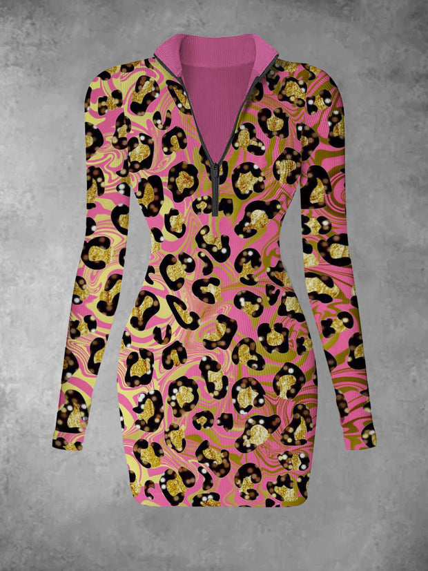 Women's retro leopard print casual fashion long sleeved V-neck slim fit dress