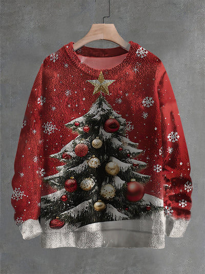 Vintage Christmas Tree Art Print Casual Knit Pullover Sweater