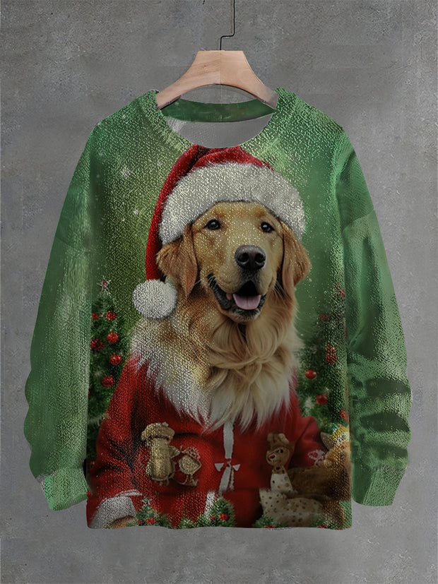 Vintage Fantasy Christmas Dog Art Print Casual Knit Pullover Sweater