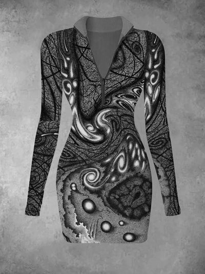 Women's retro abstract art pattern printed casual fashion long sleeved V-neck slim fit dress