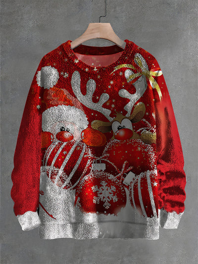 Vintage Christmas Deer Art Print Casual Knit Pullover Sweater