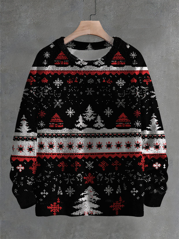 Vintage  Art Print Christmas Casual Knit Pullover Sweater