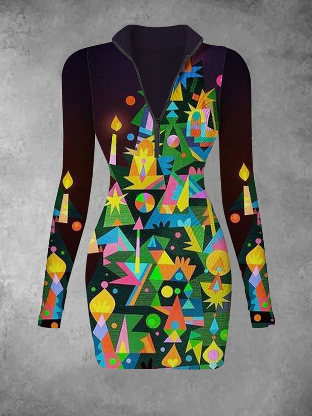 Women's Christmas Tree Retro Printed Casual Fashion V-neck Long Sleeve Dress