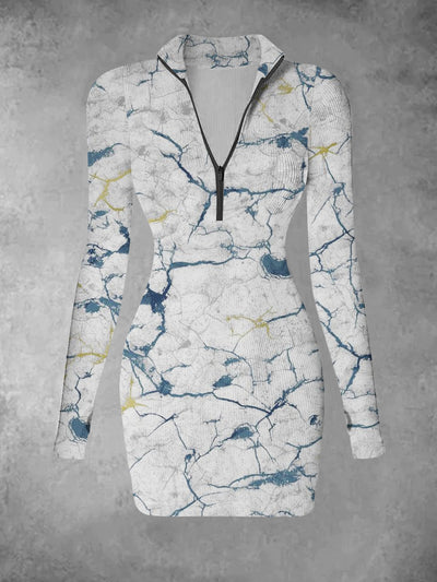 Women's retro abstract art pattern printed casual fashion long sleeved V-neck slim fit dress