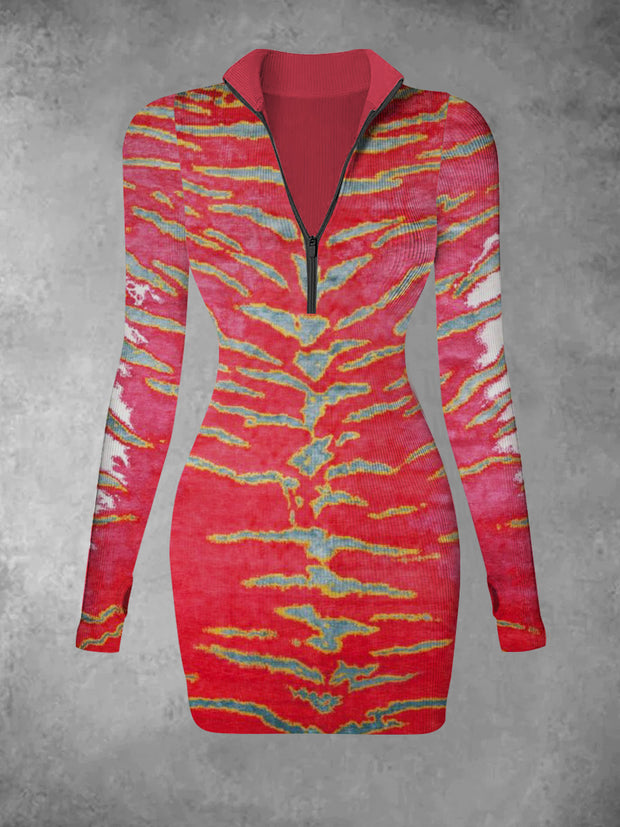 Women's retro abstract pattern printed casual fashion long sleeved V-neck slim fit dress