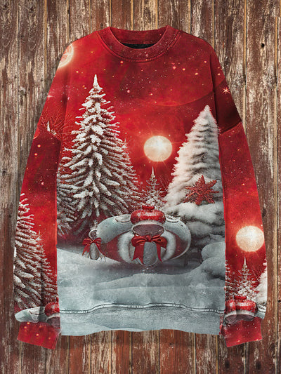 Unisex Snow Tree Print Christmas Crew Neck Casual Sweatshirt