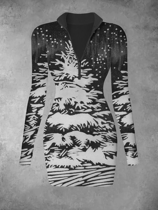 Women's retro Christmas tree snowflake print casual fashion long sleeved V-neck slim fit dress