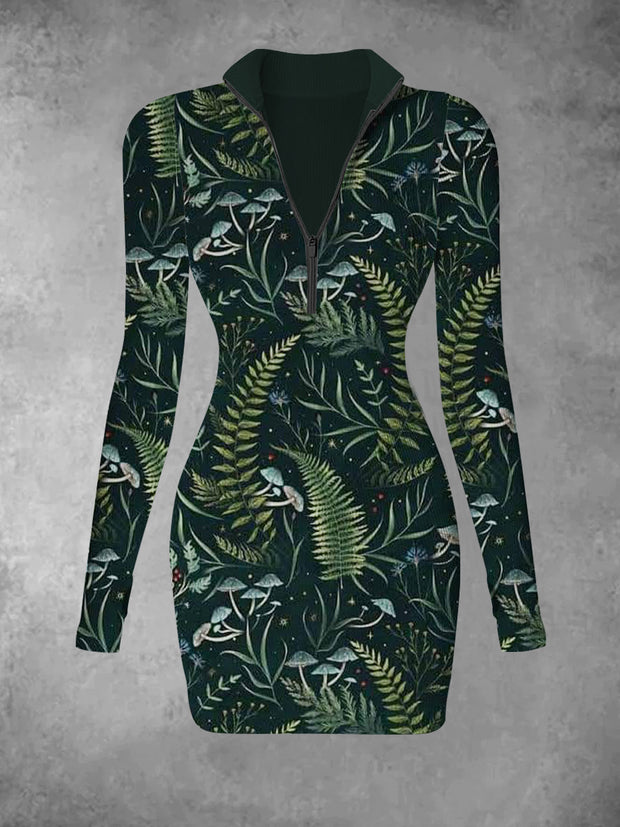 Women's retro plant pattern printed casual fashion long sleeved V-neck slim fit dress