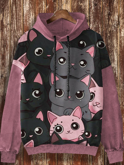 Unisex cat retro cartoon pattern printed casual fashion long sleeved hooded sweatshirt