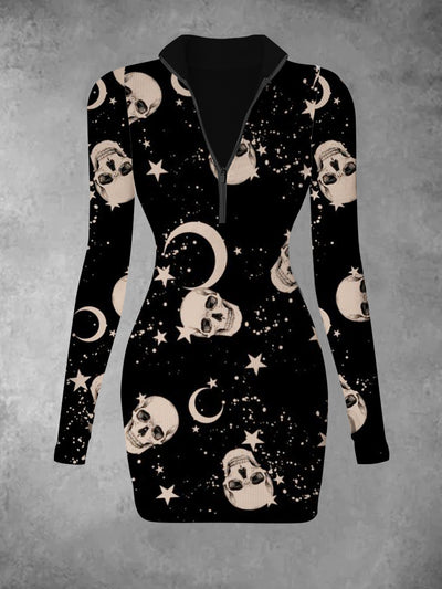 Women's Skull Moon Retro Printed Casual Fashion V-neck Long Sleeve Slimming Dress