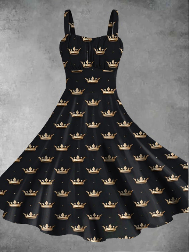 Women's sleeveless crown continuous pattern retro print casual fashion suspender dress