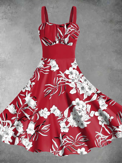 Women's Red Flower Print Design Pinafore Dresses