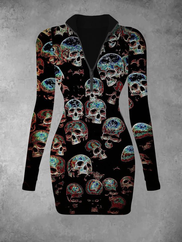 Women's skull retro print casual fashion V-neck long sleeved slim fit dress