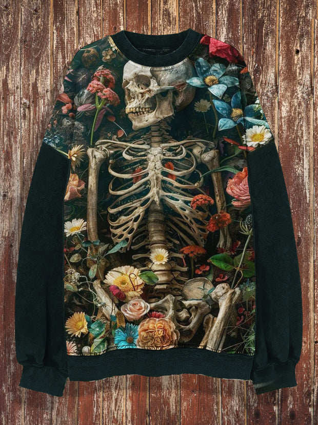 Unisex Abstract Floral Skull Print Crew Neck Punk Sweatshirt