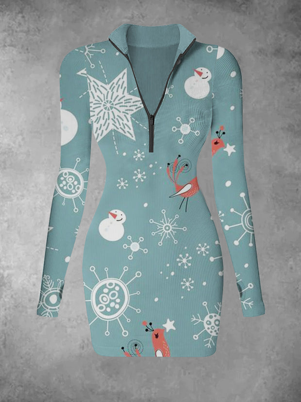 Women's Christmas snowman cartoon pattern retro print casual fashion V-neck long sleeved slim fit dress