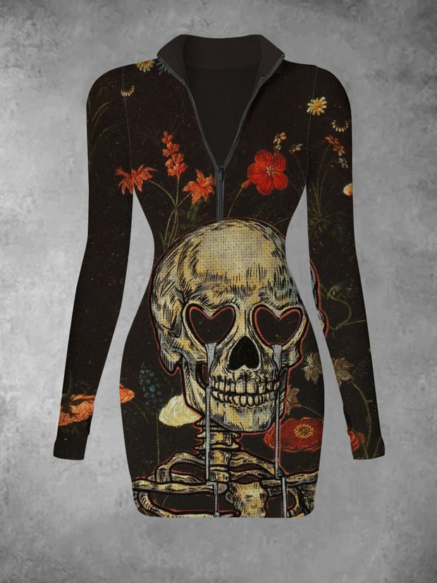 Women's floral skull retro printed casual fashion V-neck long sleeved slim fit dress