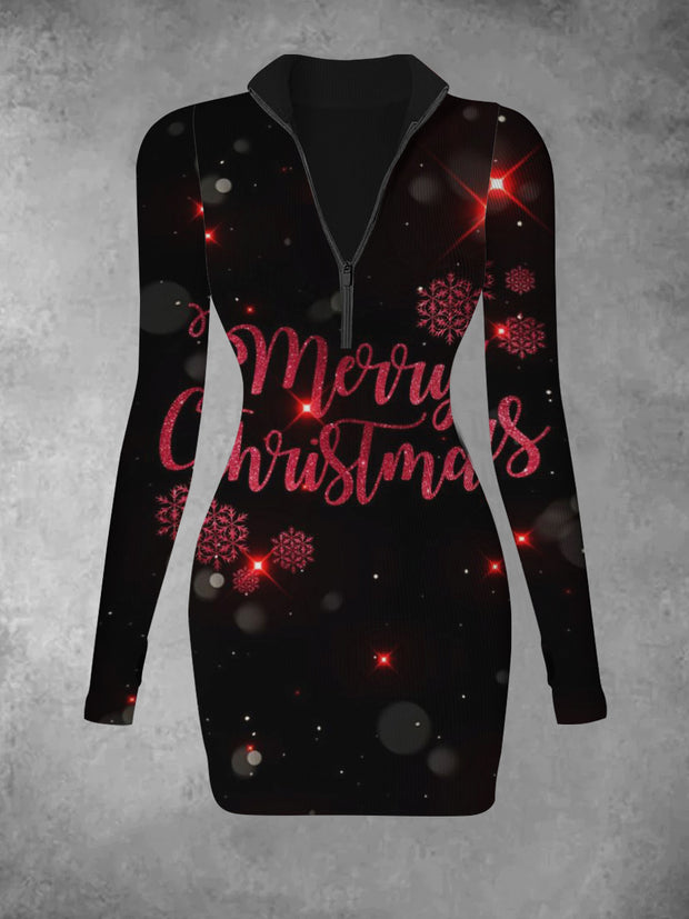 Women's Christmas retro printed casual fashion V-neck long sleeved slim fit dress