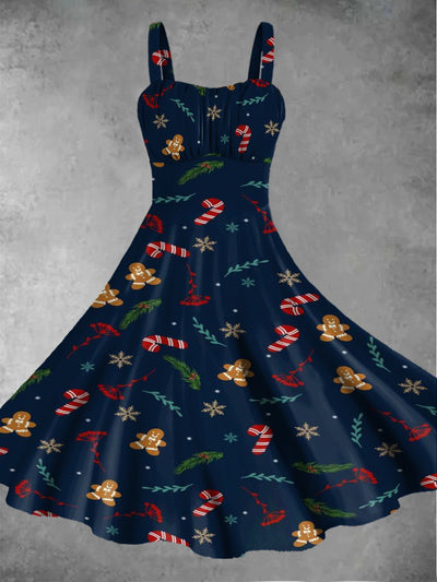 Women's Sleeveless Christmas Cartoon Pattern Retro Printed Casual Fashion Strap Dress