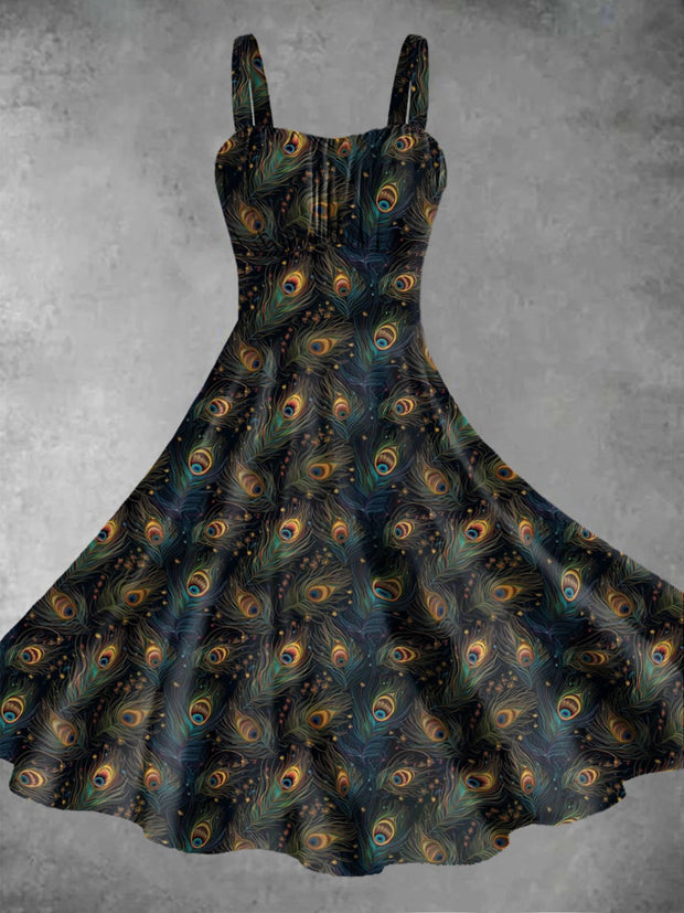 Women's Peacock Feather Print Design Pinafore Dresses