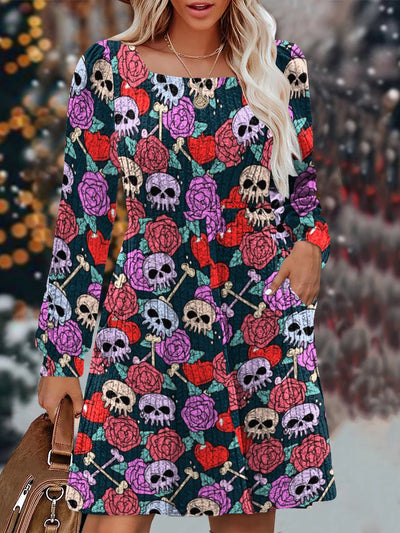 Vintage Rose And Skull Print Knit Sweater Dress With Pockets