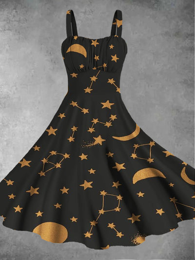 Women's Sleeveless Star and Moon Pattern Retro Printed Casual Fashion Strap Dress