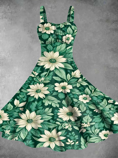 Women's Flowers And Vine Print Design Pinafore Dresses