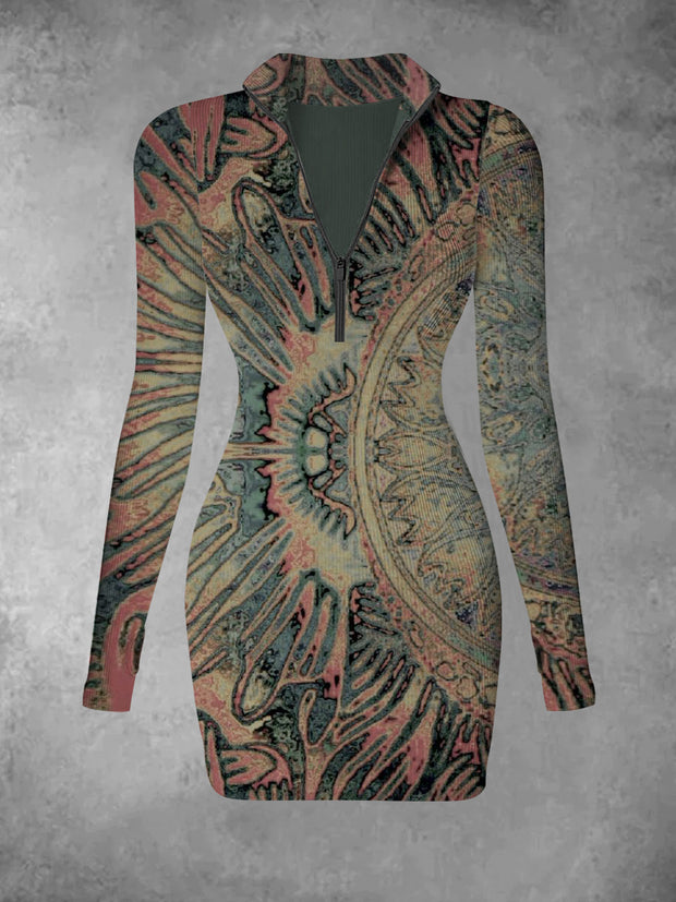 Women's abstract art retro print casual fashion V-neck long sleeved slim fit dress