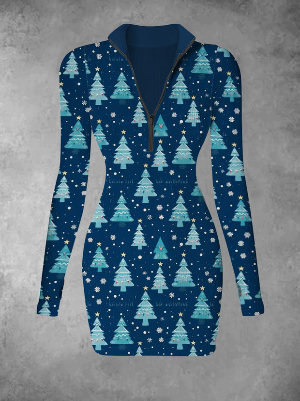 Women's Christmas tree vintage print casual fashion V-neck long sleeved slim fit dress