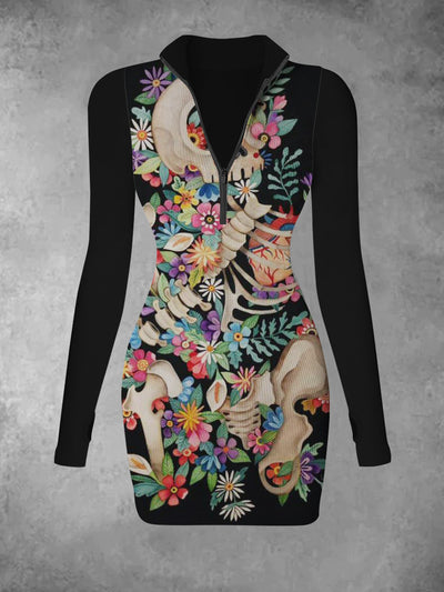 Women's floral skull retro printed casual fashion V-neck long sleeved slim fit dress