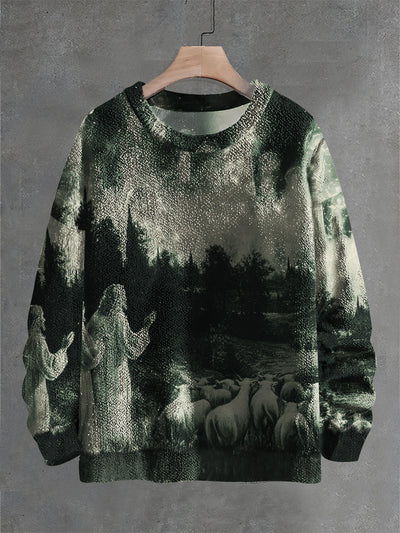 Vintage Jesus And Sheeps Art Print Casual Knit Pullover Sweater