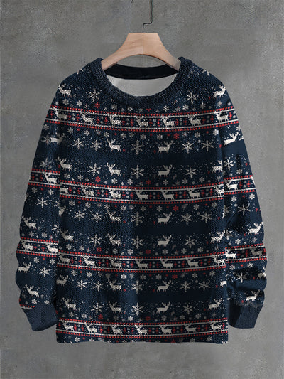 Vintage Christmas Art Print Casual Knit Pullover Sweater