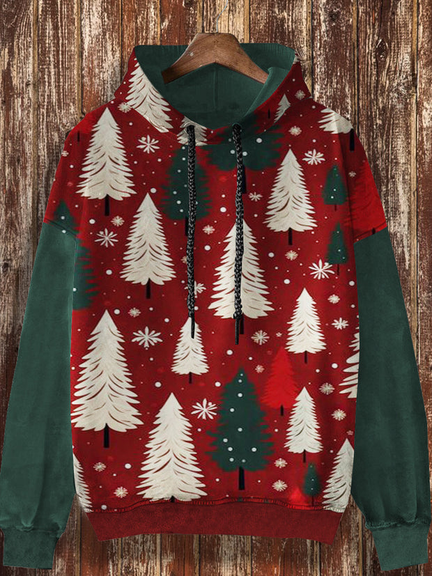 Unisex Christmas Tree Retro Printed Casual Fashion Long Sleeved Loose Hooded Sweatshirt