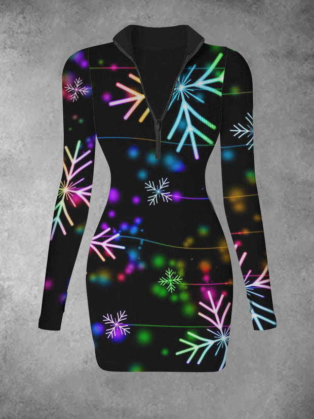 Women's Christmas Snowflake Retro Pattern Printed Casual Fashion Long Sleeve V-neck Slimming Dress