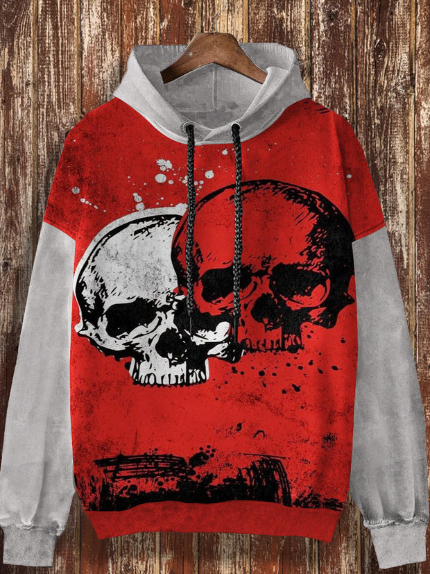 Unisex Skull Pattern Retro Printed Casual Fashion Long Sleeved Loose Hooded Sweatshirt