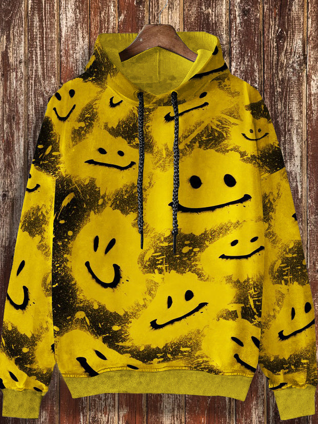 Unisex Abstract Smiley Face Graffiti Retro Print Casual Fashion Long Sleeved Loose Hooded Sweatshirt