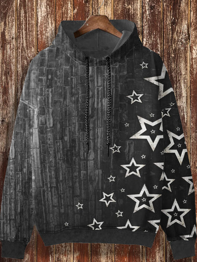 Unisex Retro Star Pattern Printed Casual Loose Long Sleeved Hooded Sweatshirt