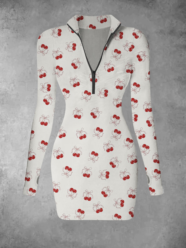 Women's  Retro Cherry Pattern Printed Casual Fashion Long Sleeved V-neck Slim Fit Dress