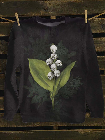 Unisex Skull and Botanical Print Crew Neck Casual Sweatshirt