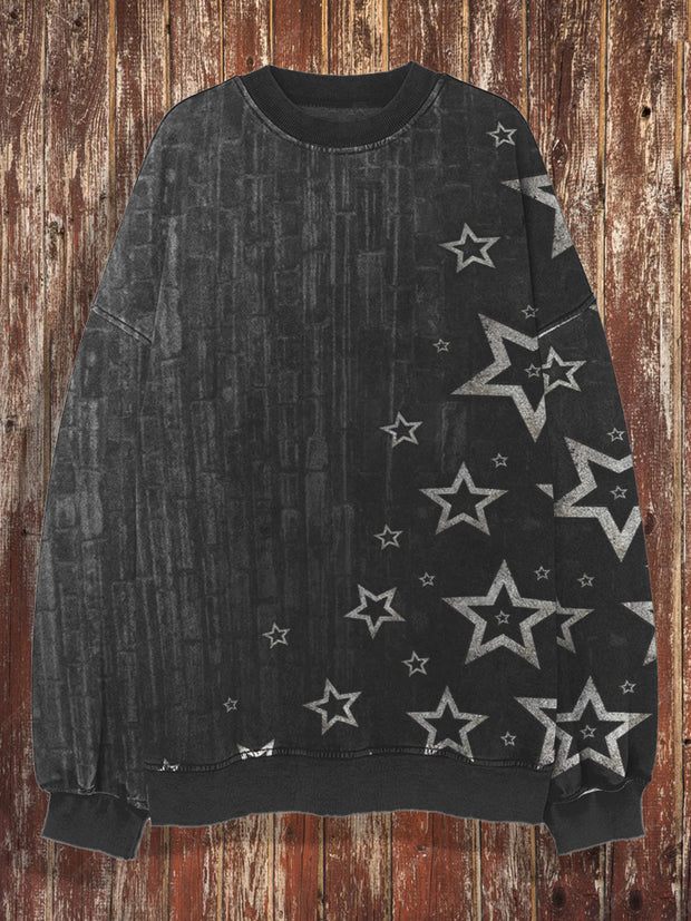 Unisex Retro Star Pattern Printed Casual Loose Long Sleeved Sweatshirt