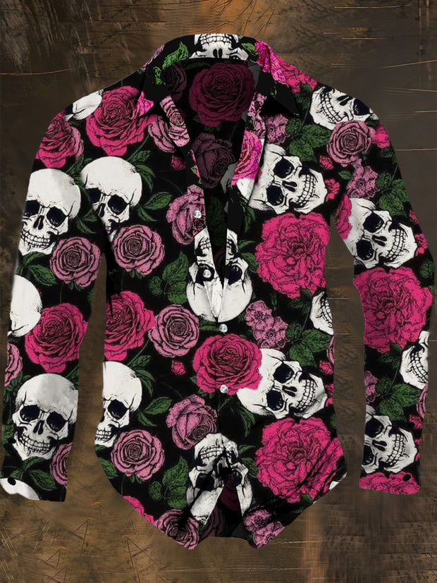 Men's Retro Dark Style Skull And Rose Print Long Sleeve Shirt