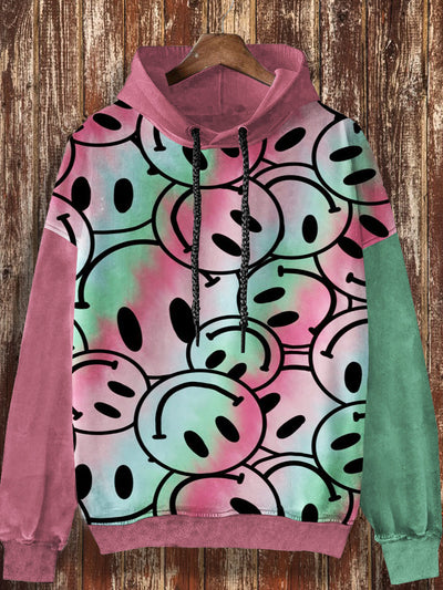 Unisex Graffiti Smiley Face Cartoon Pattern Printed Casual Loose Long Sleeved Hooded Sweatshirt