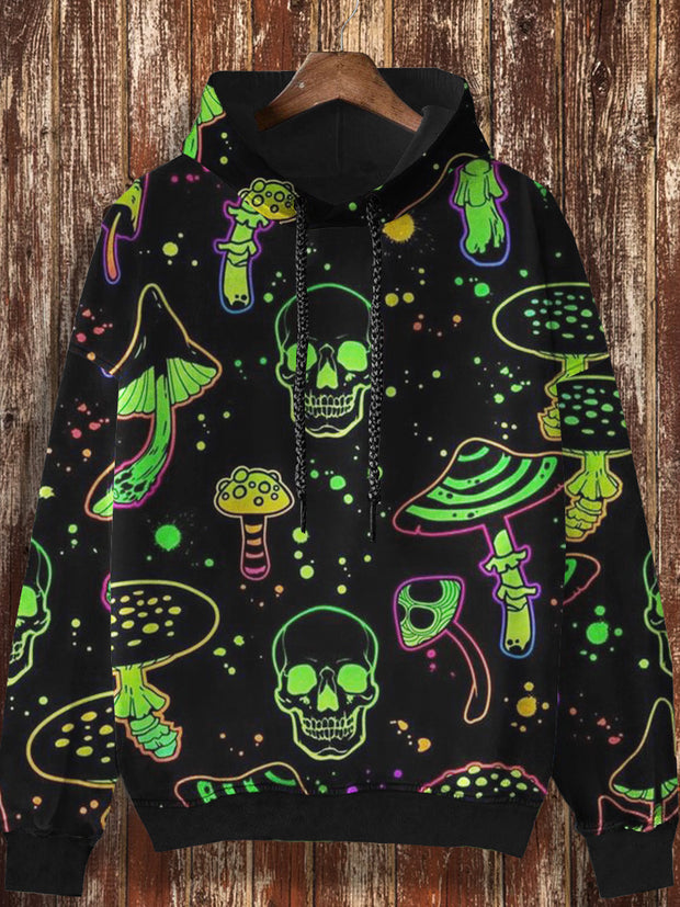 Unisex Retro  Skull And Mushroom Cartoon Printed Casual Loose Long Sleeved Hooded Sweatshirt