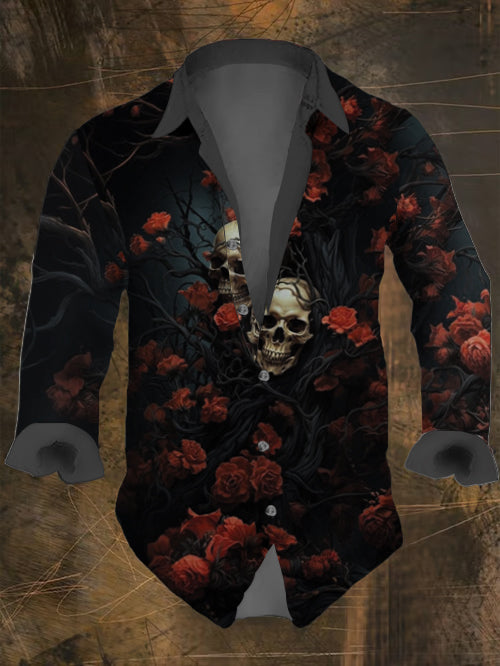 Men's retro skull and rose print casual and fashionable long sleeved shirt