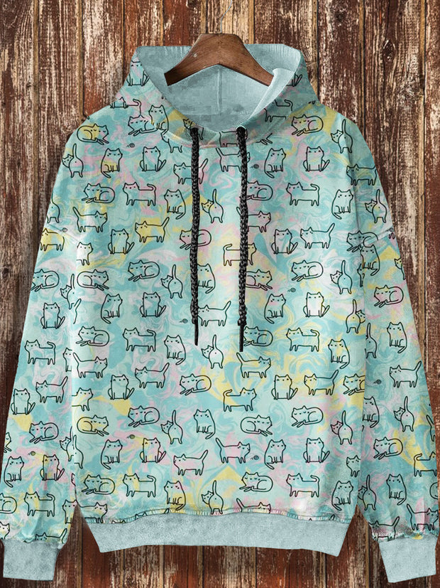 Unisex cat cartoon printed casual fashion long sleeved loose hooded sweatshirt